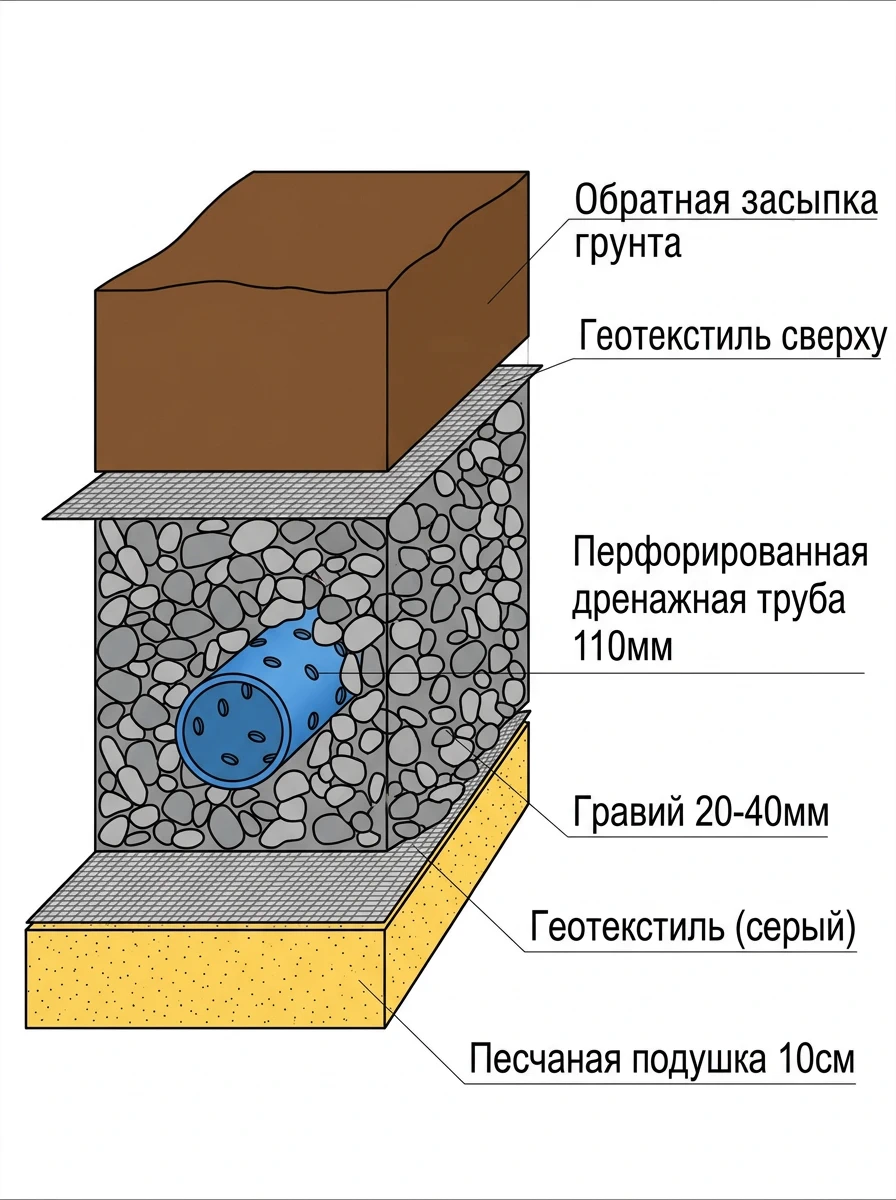 Разрез дренажной траншеи: геотекстиль, щебень и перфорированная труба
