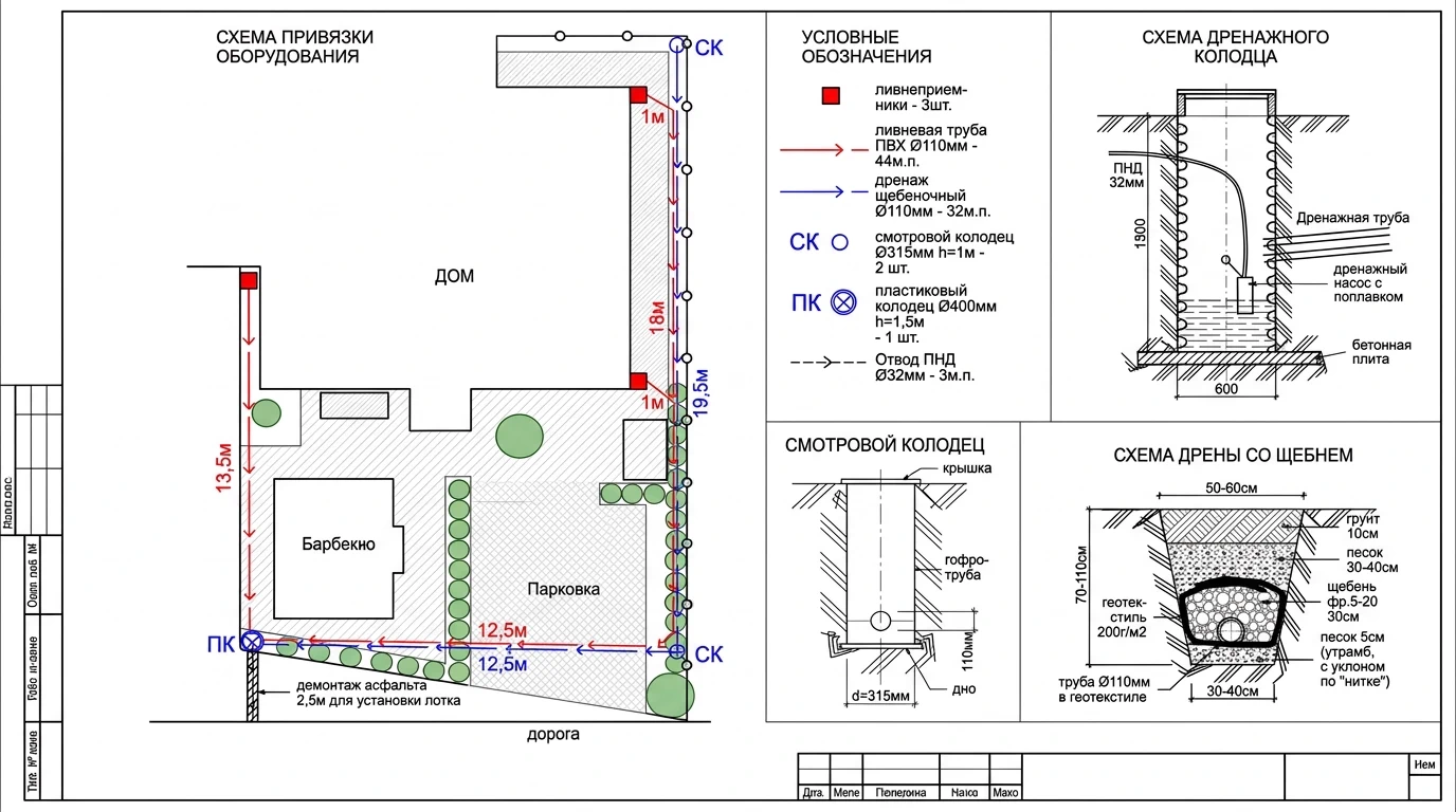 Схема дренажа участка — вид сверху